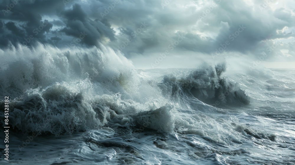 The ocean is rough and the waves are crashing