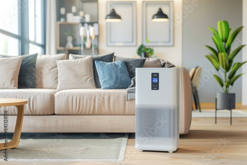 A white air purifier sits on a wooden coffee table in a living room