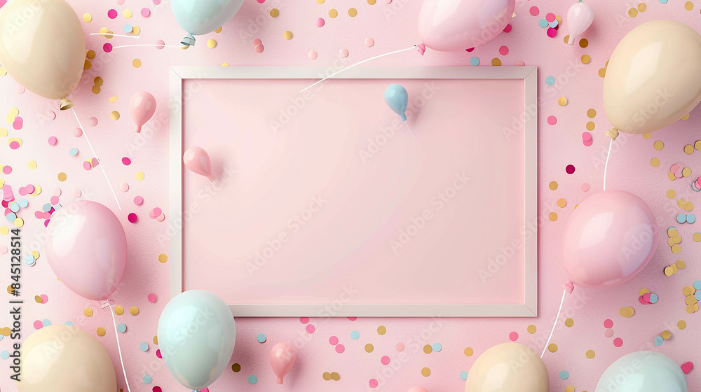 Photo frame with blank white background mockup, colorful pastel balloons and confetti decoration on light pink color backdrop for birthday party or other events illustration vector design. in the styl Photo frame with blank white background mockup, colorful pastel balloons and confetti decoration on light pink color backdrop for birthday party or other events illustration vector design. in the styl