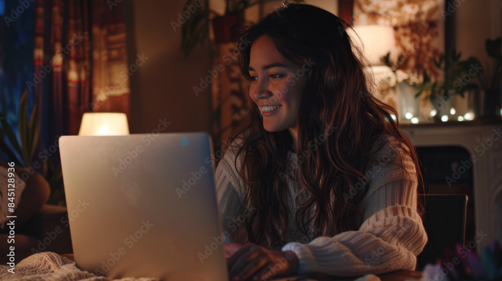 A woman is sitting at a table with a laptop in front of her A woman is sitting at a table with a laptop in front of her