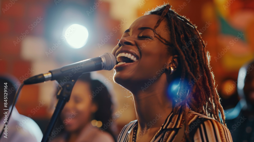 A woman singing into a microphone with a smile on her face A woman singing into a microphone with a smile on her face