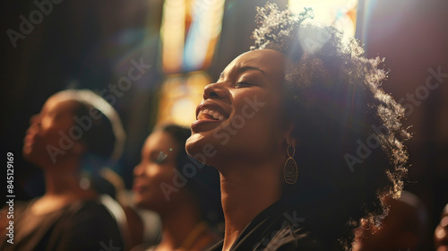 A woman with curly hair is smiling and laughing while sitting in a church