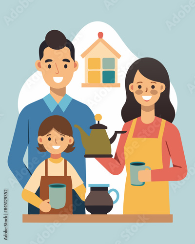 The parents commit to brewing their own coffee at home to down on their daily coffee shop expenses.. Vector illustration