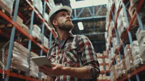 A man wearing a hard hat and a plaid shirt is holding a tablet in a warehouse © Formoney