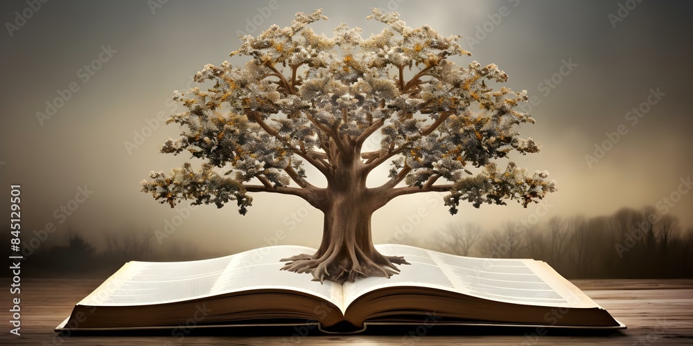 Book pages growing into tree symbolizing family history and genealogy ...