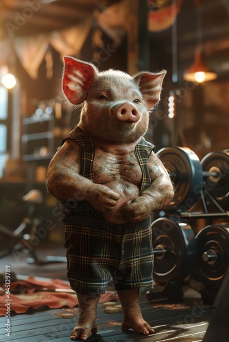 Anthropomorphic pig in gym attire, weightlifting equipment in background