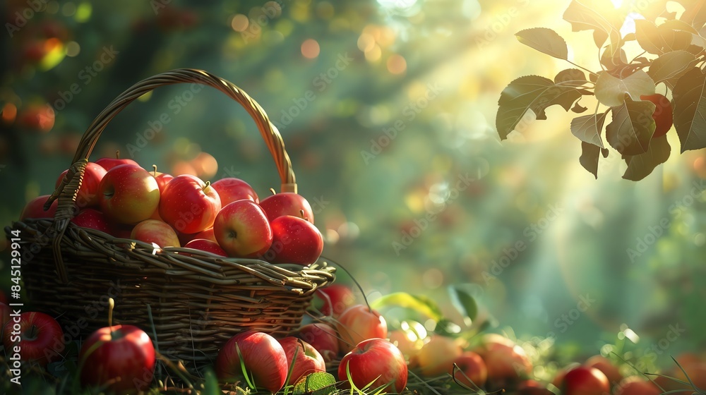Basket of red apples in an orchard, sunlight filtering through trees Basket of red apples in an orchard, sunlight filtering through trees