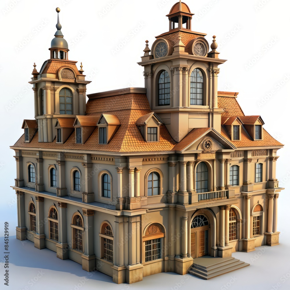 Obraz premium 3D Render of a Baroque City Hall Building, on isolated white background, Generative AI