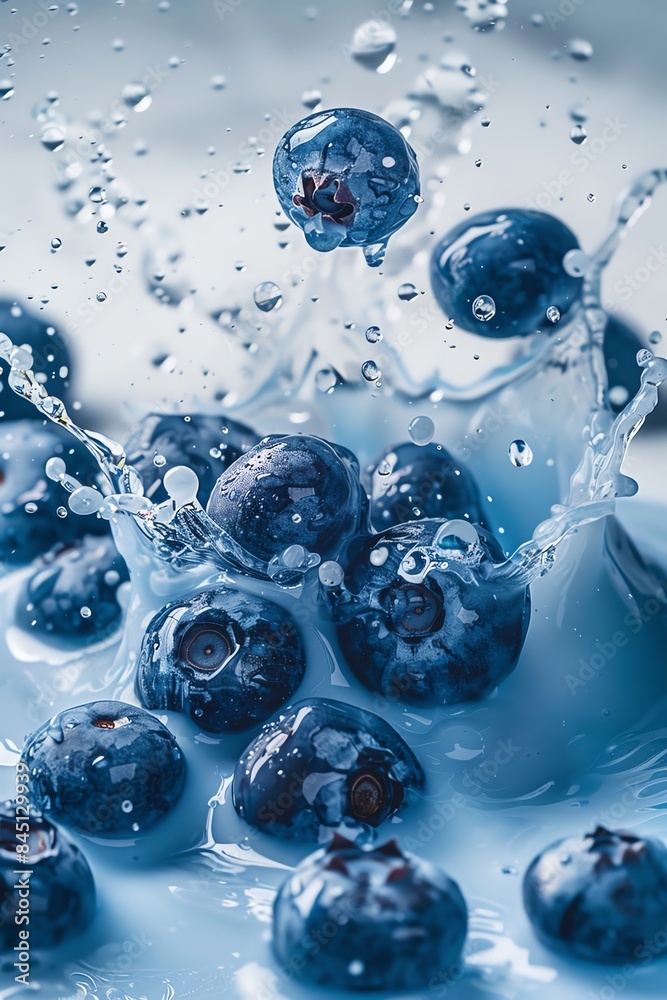 Blueberries splashing into milk, highspeed capture on a white background Blueberries splashing into milk, highspeed capture on a white background