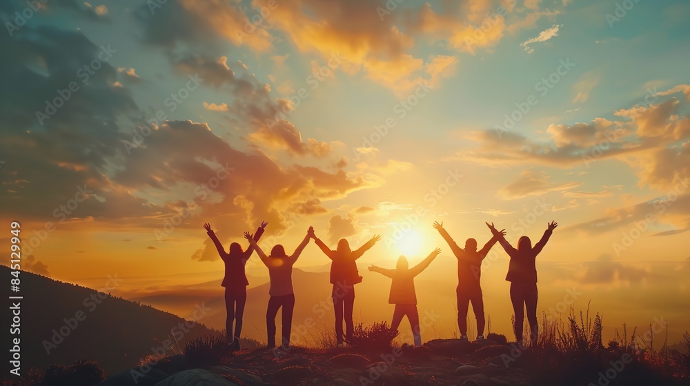 a group of people staring at the rising sun against the backdrop of mountains with their arms lifted. Community concepts, friendship, achievement, and happiness, Generative AI. a group of people staring at the rising sun against the backdrop of mountains with their arms lifted. Community concepts, friendship, achievement, and happiness, Generative AI.
