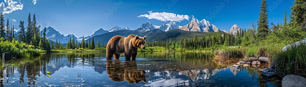 Brown bear in mountain lake, pine forest, snowy peaks, wideangle Brown bear in mountain lake, pine forest, snowy peaks, wideangle
