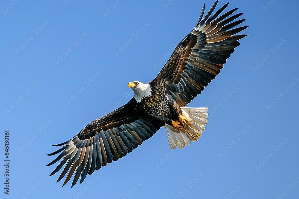 Obraz premium A low-angle shot of a bald eagle soaring in a bright blue sky, Generative AI.