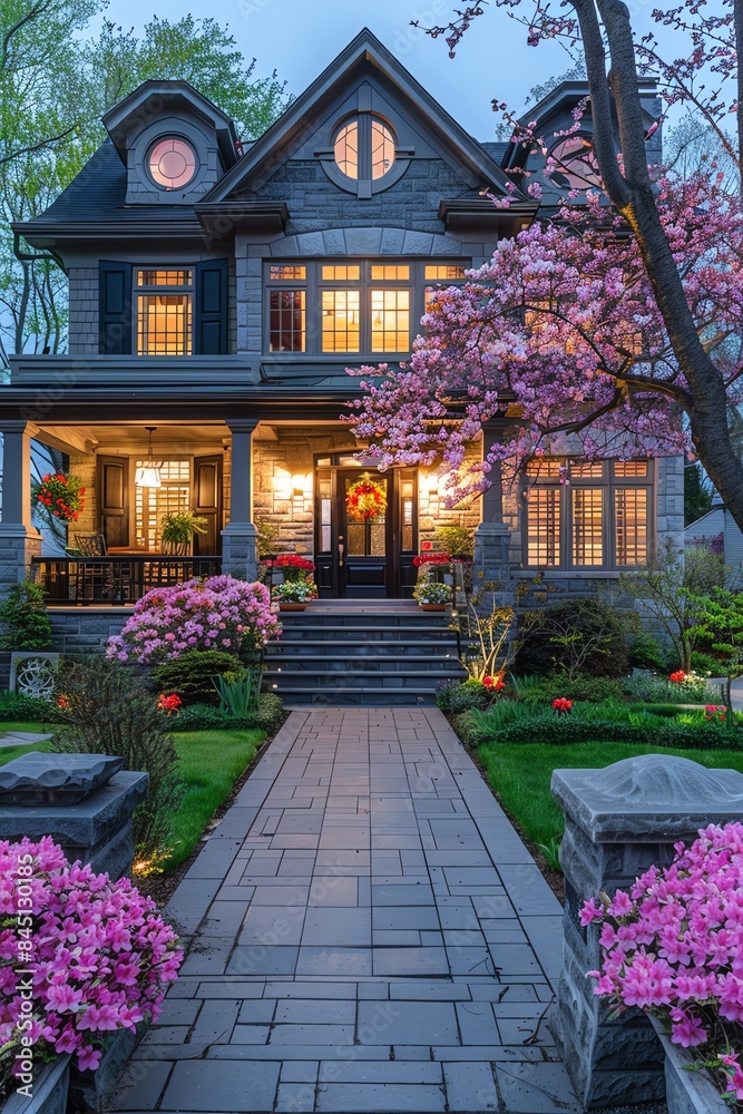 Elegant front yard with blooming flowers and a classic house in spring, bright lighting