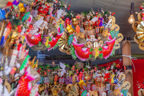 Gorgeous religious colorful ornaments sold in tomioka hachiman shrine photo