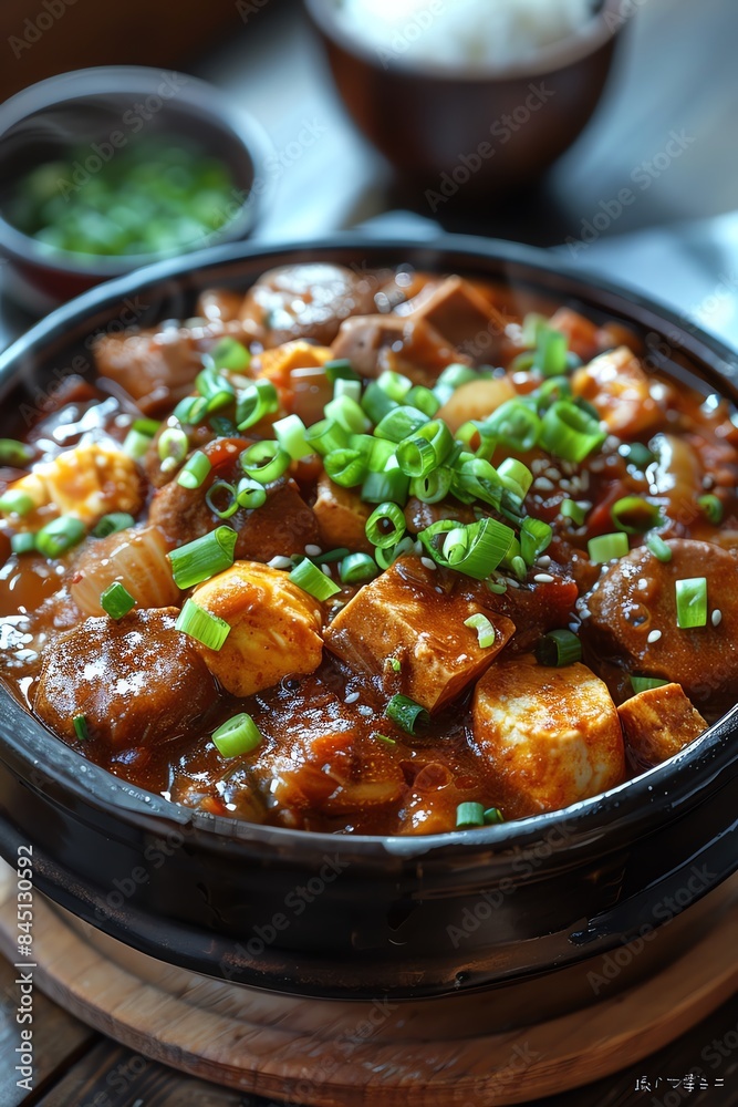 Spicy tofu stew, garnished with green onions, hearty meal Spicy tofu stew, garnished with green onions, hearty meal