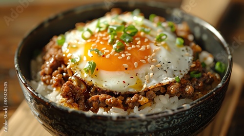 Rice topped with minced meat and fried egg, dark bowl