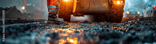 Road construction with machinery, closeup, dramatic lighting