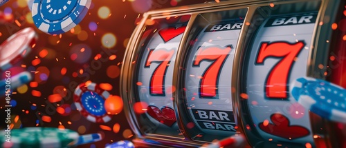 Slot machine with triple sevens and flying poker chips, colorful casino lights