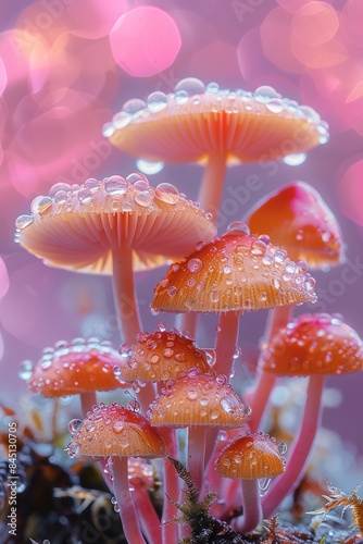 Vibrant mushrooms with dewdrops, glowing pink bokeh background, magical and surreal