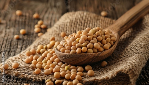 Wooden spoon with soybeans spilling onto burlap sack, rustic setting photo