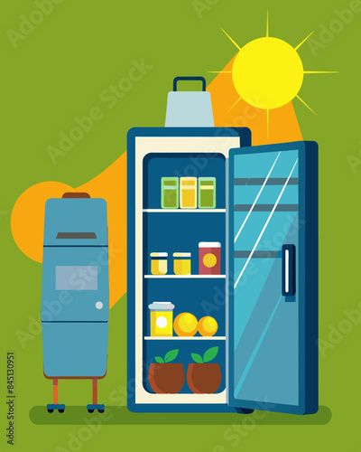 The kitchen area of the center boasts a solarpowered refrigerator keeping perishable food cool during extended power outages.. Vector illustration