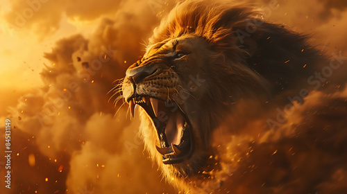 A powerful male lion roaring loudly to assert dominance over his territory, dust rising around him