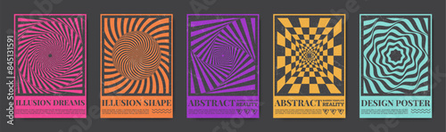 Brutalist posters. Brand modern graphic shapes. Trend tech print with geometric artwork and typography. Optical illusion. Spiral hole. Checkered psychedelic design. Vector banners set