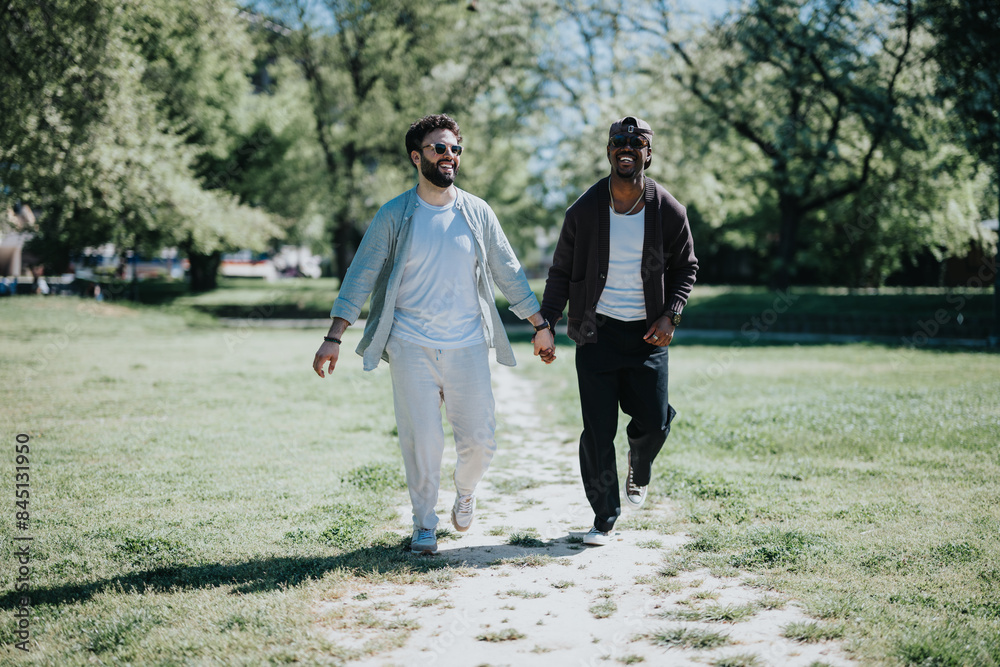 A young, multiracial gay couple holding hands, walking joyfully through a sunlit park, showcasing love and happiness. A young, multiracial gay couple holding hands, walking joyfully through a sunlit park, showcasing love and happiness.