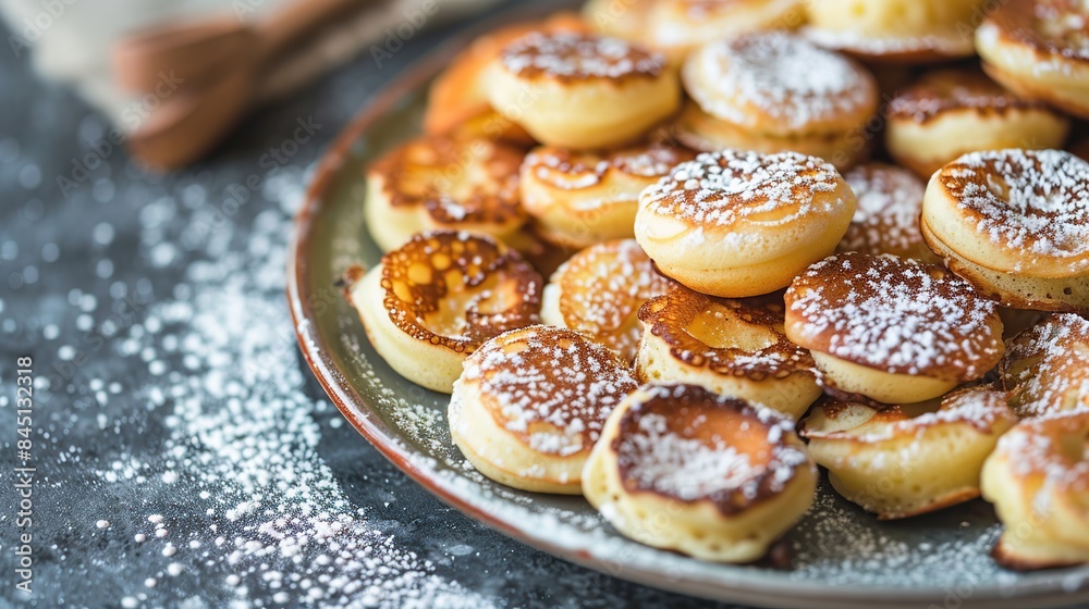 Dutch mini pancakes called poffertjes, sprinkled with powdered sugar. Generative Ai Dutch mini pancakes called poffertjes, sprinkled with powdered sugar. Generative Ai