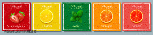 Drink background. Beverage tastes. Food stickers design. Orange or grapefruit fresh. Soda lemon flavor. Strawberry juice. Mint wet leaf and water drops. Liquid splash. Vector labels set