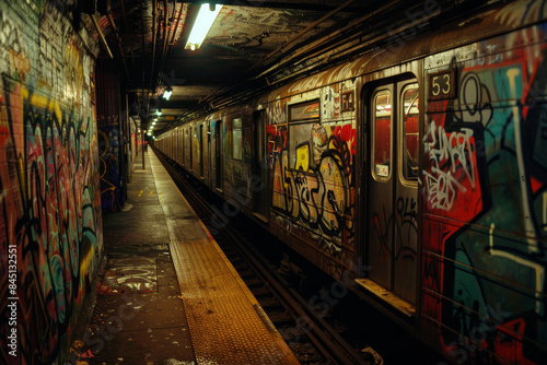 A subway train with graffiti on it is parked in a tunnel photo