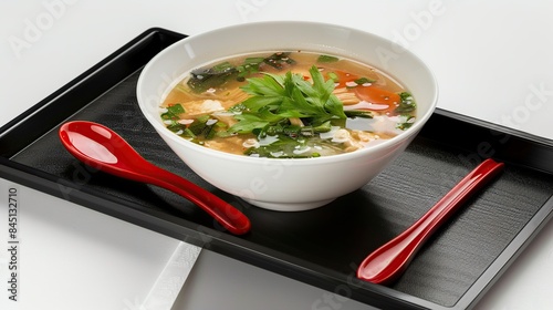 Close up the soup and soup bowl on black tray food,red spoon put beside,on white . Generative Ai photo