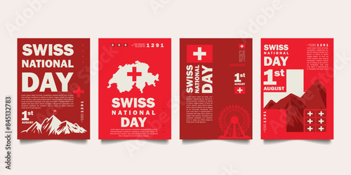 Set of modern swiss national day poster for social media post, cover, banner