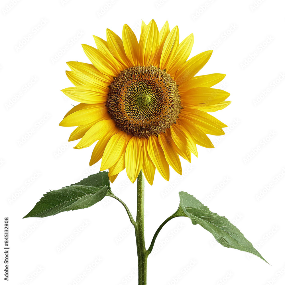 Fototapeta premium Bright yellow sunflower in full bloom with detailed petals and green leaves against a white background, showcasing its vibrant beauty.