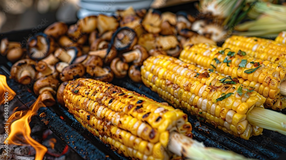 Closeup of preparation of vegetarian barbeque dishes such as Panner, Corn, Pine apple. Generative Ai Closeup of preparation of vegetarian barbeque dishes such as Panner, Corn, Pine apple. Generative Ai
