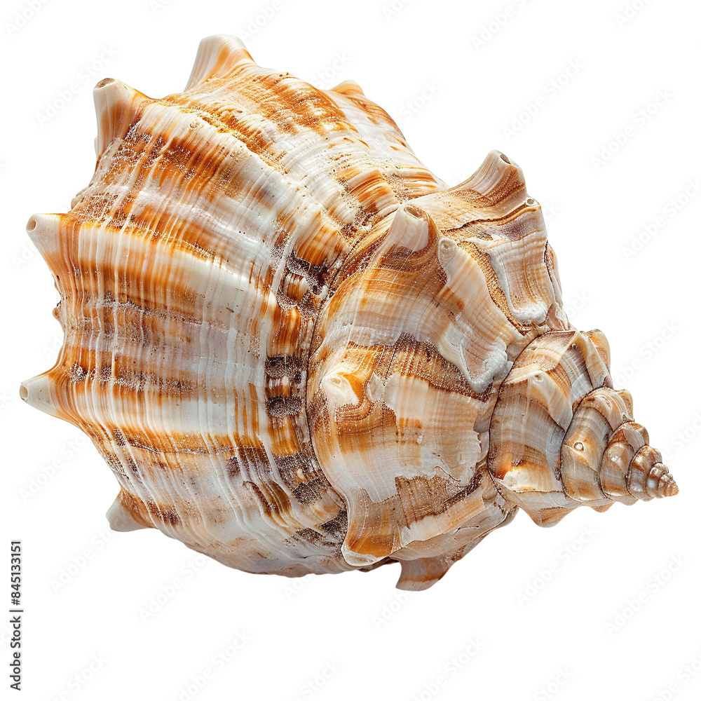 Close-up of a beautiful, spiraled conch shell with intricate patterns in white and orange, against a white background. Close-up of a beautiful, spiraled conch shell with intricate patterns in white and orange, against a white background.