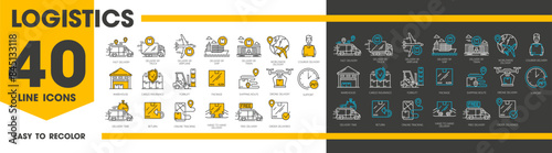 Line icons of logistics. Supply chain, delivery and storage, cargo service transport vector symbols with outline truck, ship, airplane and train, delivery boxes and parcels, warehouse and courier