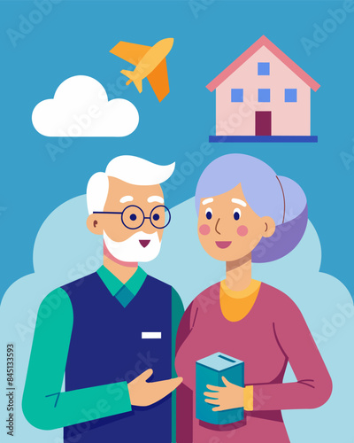 An elderly couple beams as they discuss how refinancing their mortgage allowed them to stay in their beloved home for their golden years while also having extra funds for travel. Vector illustration
