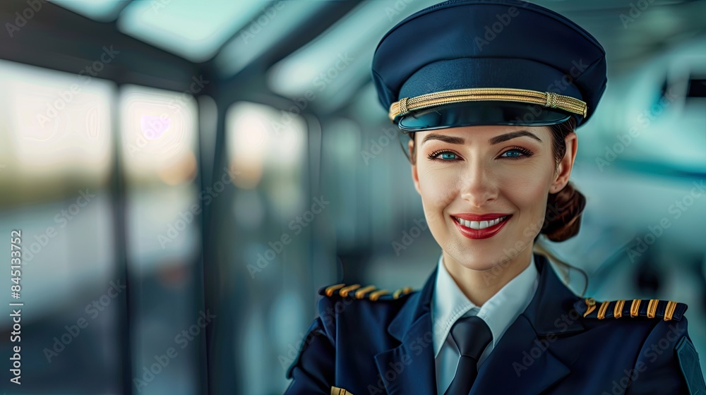 Smiling Flight Attendant in Background