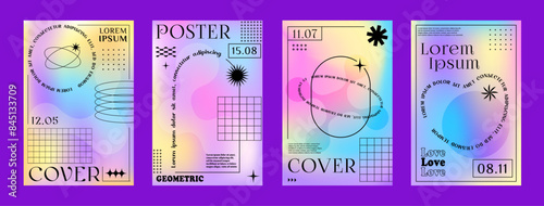 Rainbow hologram y2k gradient brutal posters. Vector line abstract geometric shapes and aesthetic graphic frames with stars, circles, dots and sparks, hearts and arches on pastel gradient background