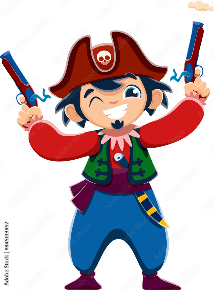 Cartoon kid boy pirate corsair with pistols. Vector young child dressed as a rover, featuring a cheerful expression. Children book personage in red coat, tricorn hat with a skull emblem, holding guns Cartoon kid boy pirate corsair with pistols. Vector young child dressed as a rover, featuring a cheerful expression. Children book personage in red coat, tricorn hat with a skull emblem, holding guns