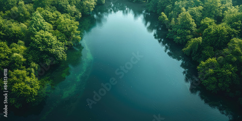 Aerial view of the calm lake and green forest © Aleksandr Bryliaev