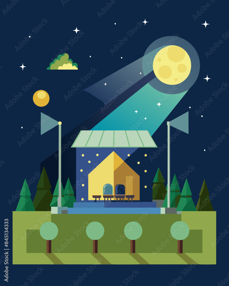 Fototapeta premium Under the starry night sky the solarpowered stage illuminates the outdoor movie screening with its sustainable energy.. Vector illustration