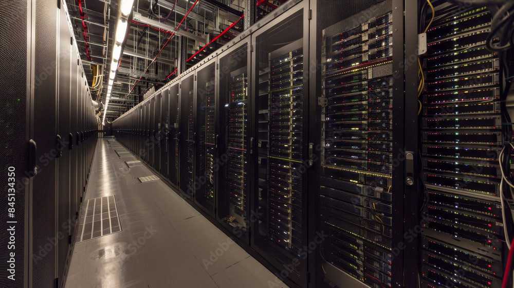 A long hallway with many computer servers A long hallway with many computer servers