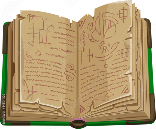 Game book, isolated cartoon vector ancient, magical book open to reveal pages filled with mysterious symbols and runes. Grimoire with worn, tattered sheets contain wiz arcane knowledge and enchantment