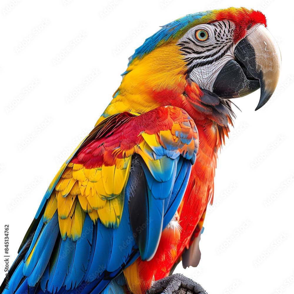 Obraz premium Vibrant macaw parrot with colorful feathers, posing gracefully against a white background, showcasing its bright blue, yellow, and red plumage.
