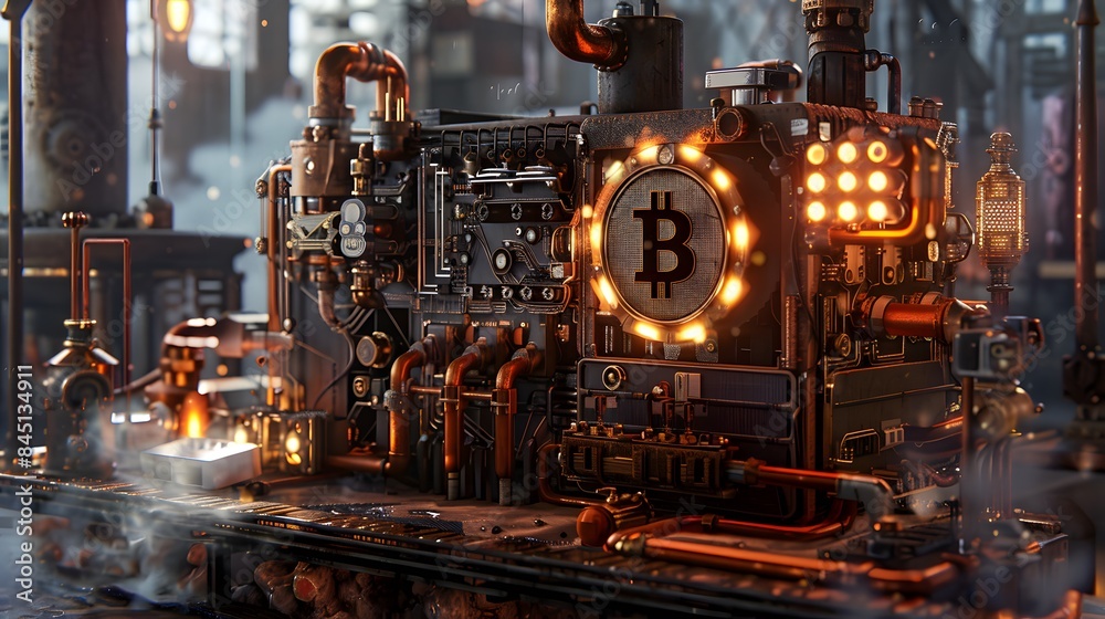 A steampunk-inspired Bitcoin mining machine in action A steampunk-inspired Bitcoin mining machine in action