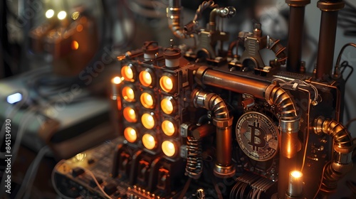 A steampunk-inspired Bitcoin mining machine in action