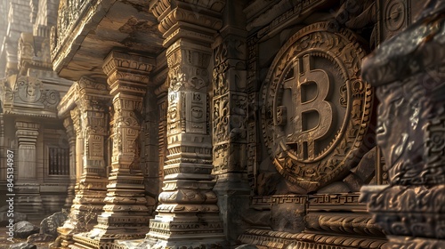 An ancient temple with carvings and symbols depicting Bitcoin