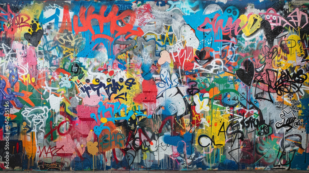 A wall covered in graffiti with a variety of colors and shapes A wall covered in graffiti with a variety of colors and shapes
